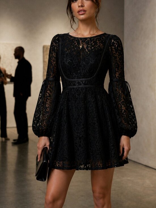 Free People Dresses & Skirts - Free People Ruby Lace Mini Dress Medium Black Long Sleeve Boho Cocktail Party Fi